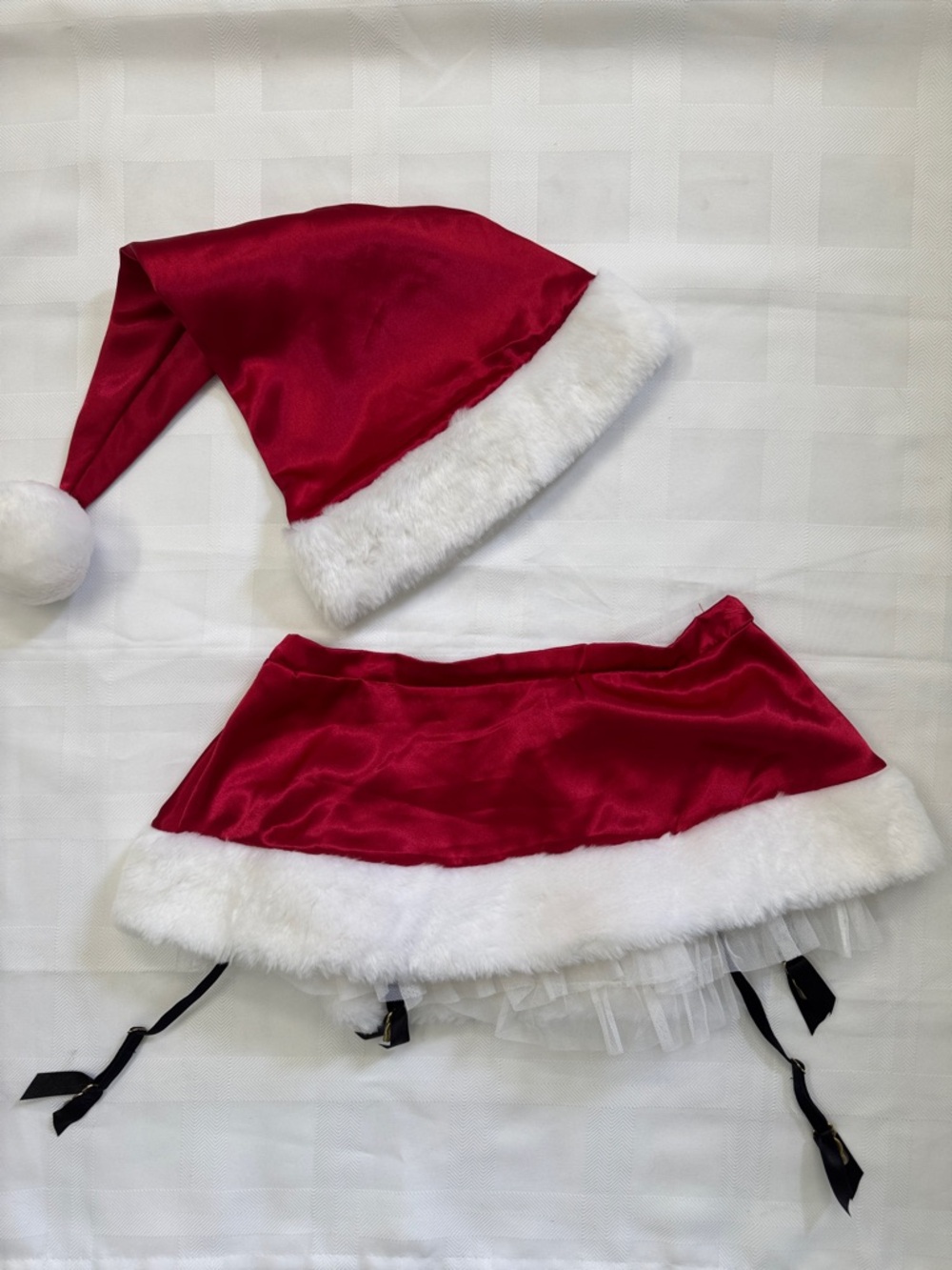 Victoria's Secret Red Satin & White Faux Fur Santa Hat and Mini Skirt Set